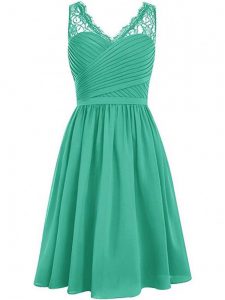Deluxe Green Dama Dress for Quinceanera Prom and Party and Wedding Party with Lace and Ruching V-neck Sleeveless Side Zipper