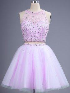 Lilac Lace Up Bridesmaids Dress Beading Sleeveless Knee Length
