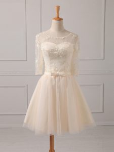 Custom Designed Tulle Half Sleeves Mini Length Quinceanera Court of Honor Dress and Lace and Belt
