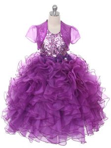 Sleeveless Floor Length Ruffles and Sequins and Bowknot Lace Up Kids Formal Wear with Purple