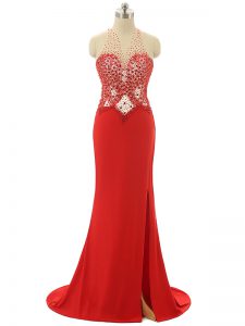 Red Prom and Party and Military Ball with Beading High-neck Sleeveless Brush Train Backless