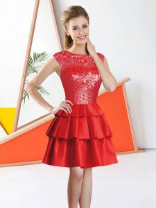 A-line Bridesmaid Gown Red Bateau Tulle Sleeveless Knee Length Backless
