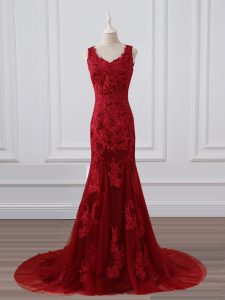 Zipper Mother Dresses Red for Prom and Military Ball and Wedding Party with Lace and Appliques Brush Train