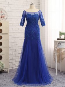 Chic Royal Blue Mother of Bride Dresses Prom and Military Ball and Beach with Lace and Appliques Scoop Half Sleeves Zipper