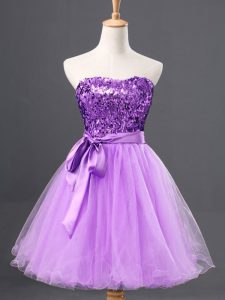 Lavender Tulle Zipper Sweetheart Sleeveless Mini Length Prom Gown Sashes ribbons and Sequins