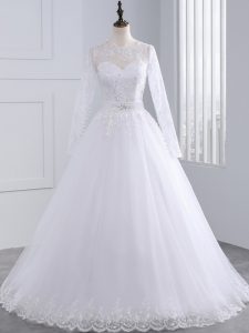 Stunning White Zipper Scalloped Lace and Appliques Wedding Gowns Tulle Long Sleeves Brush Train