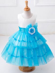 Excellent Tulle Sleeveless Tea Length Flower Girl Dress and Ruffled Layers and Hand Made Flower