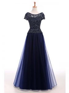 Tulle Scoop Short Sleeves Lace Up Beading Womens Evening Dresses in Navy Blue