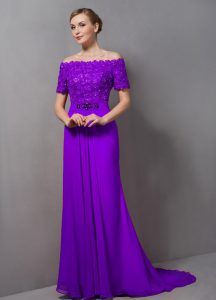 Exquisite Chiffon Short Sleeves Mother of Groom Dress Sweep Train and Lace