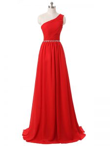 Attractive Red Empire Beading and Ruching Damas Dress Side Zipper Chiffon Sleeveless Floor Length