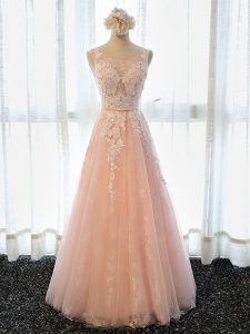 Scoop Sleeveless Lace Up Dress for Prom Peach Tulle