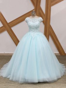 Latest Scoop Sleeveless Tulle Quinceanera Dresses Beading and Lace Brush Train Zipper