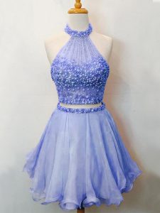 Sexy Lavender Lace Up Bridesmaid Dress Beading Sleeveless Knee Length