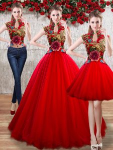 Appliques 15 Quinceanera Dress Red Lace Up Sleeveless Floor Length