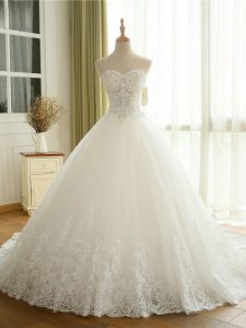 Free and Easy White Lace Up Wedding Dresses Beading and Lace and Appliques Sleeveless Court Train