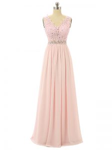 Super Pink Sleeveless Floor Length Beading and Appliques Zipper Homecoming Dress