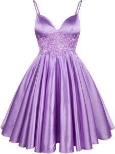 Lilac Lace Up Spaghetti Straps Lace Wedding Guest Dresses Elastic Woven Satin Sleeveless