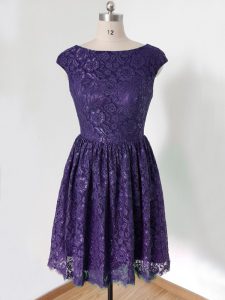 Knee Length Purple Bridesmaid Dress Scoop Cap Sleeves Lace Up
