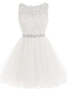 A-line Prom Dress White Scoop Tulle Sleeveless Mini Length Lace Up
