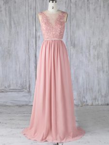 Beauteous Pink Backless Scoop Appliques Quinceanera Court of Honor Dress Chiffon Sleeveless Sweep Train