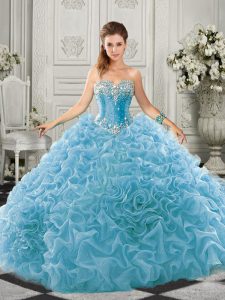 Deluxe Sleeveless Beading and Ruffles Lace Up Vestidos de Quinceanera with Aqua Blue Court Train
