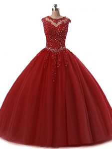 Wine Red Lace Up Ball Gown Prom Dress Beading and Lace Sleeveless Floor Length
