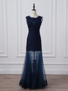 Tulle Scoop Sleeveless Lace Up Lace and Appliques Mother of Groom Dress in Navy Blue