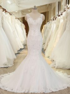 Admirable Sleeveless Tulle Brush Train Backless Wedding Gown in White with Beading and Lace and Appliques