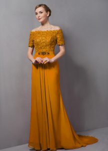 Designer Gold Chiffon Zipper Mother Dresses Short Sleeves Sweep Train Lace