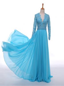 Romantic Floor Length Baby Blue Mother of Groom Dress Chiffon Long Sleeves Lace