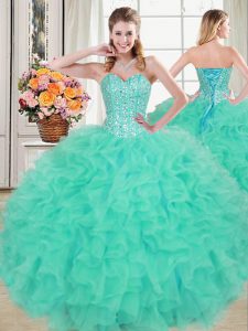 Dynamic Turquoise Organza Lace Up Sweetheart Sleeveless Floor Length Quinceanera Dress Beading and Ruffles
