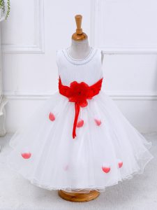 Comfortable White Sleeveless Tea Length Hand Made Flower Lace Up Toddler Flower Girl Dress