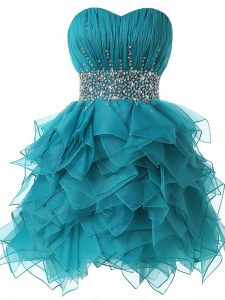 Teal Sweetheart Neckline Beading and Ruffles and Ruching Cocktail Dresses Sleeveless Lace Up