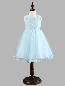 Sleeveless Tulle Knee Length Zipper Toddler Flower Girl Dress in Light Blue with Lace and Bowknot