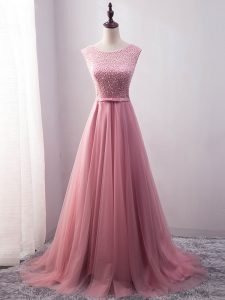 Exceptional Pink Scoop Lace Up Beading and Belt Evening Outfits Brush Train Sleeveless
