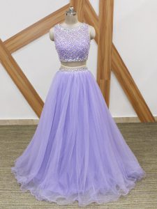 Floor Length Lavender Prom Dress Tulle Sleeveless Beading