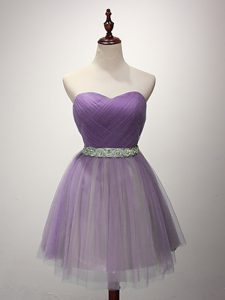 Dynamic Lavender Lace Up Sweetheart Ruching Bridesmaid Dress Tulle Sleeveless