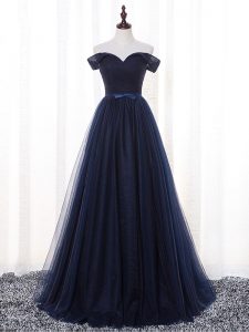 Gorgeous Navy Blue Sleeveless Tulle Lace Up Bridesmaid Dress for Prom and Party and Wedding Party