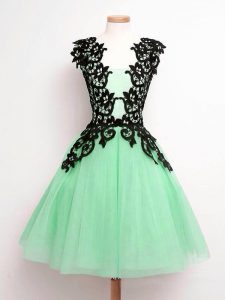 Deluxe A-line Damas Dress Apple Green Straps Tulle Sleeveless Knee Length Lace Up