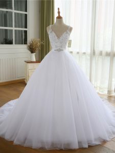 Sleeveless Beading and Lace and Appliques Lace Up Bridal Gown with White Court Train