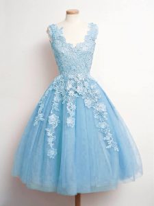 Exquisite Baby Blue Tulle Lace Up Wedding Party Dress Sleeveless Knee Length Lace