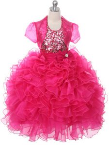 Charming Floor Length Hot Pink Pageant Gowns For Girls Organza Sleeveless Ruffles and Sequins and Bowknot