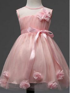 Fancy Pink Zipper Kids Pageant Dress Hand Made Flower Sleeveless Knee Length