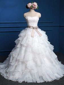 White Ball Gowns Lace and Ruffles Wedding Gown Lace Up Organza Sleeveless Floor Length