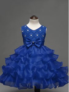 Pretty Sleeveless Organza Knee Length Zipper Little Girl Pageant Dress in Royal Blue with Lace and Ruffled Layers and Bowknot