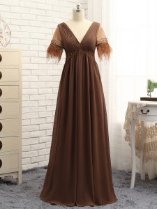 Dazzling Chiffon V-neck Sleeveless Zipper Beading and Ruching Mother of Bride Dresses in Brown