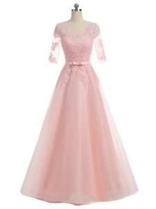 Organza Short Sleeves Floor Length Pageant Dress for Womens and Lace and Appliques