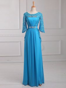 Modern 3 4 Length Sleeve Chiffon Floor Length Zipper Mother Dresses in Baby Blue with Beading and Lace and Belt