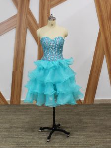 Great Mini Length Zipper Cocktail Dress Aqua Blue for Prom and Party and Sweet 16 with Beading and Ruffled Layers