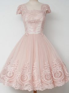Peach Square Zipper Lace Court Dresses for Sweet 16 Cap Sleeves